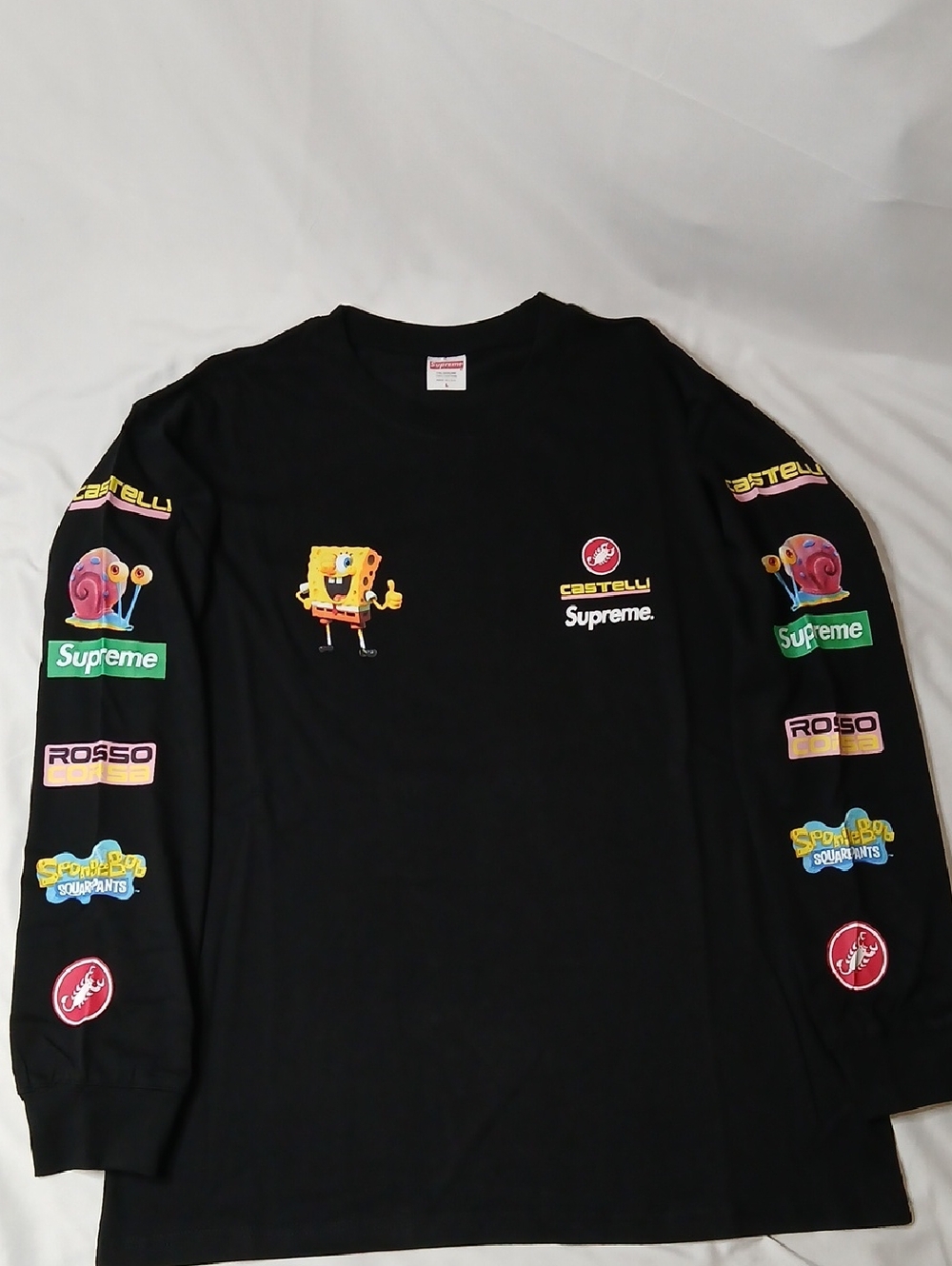 Supreme Black Long Sleeve Tee with SpongeBob & Colorful Sleeve Logos